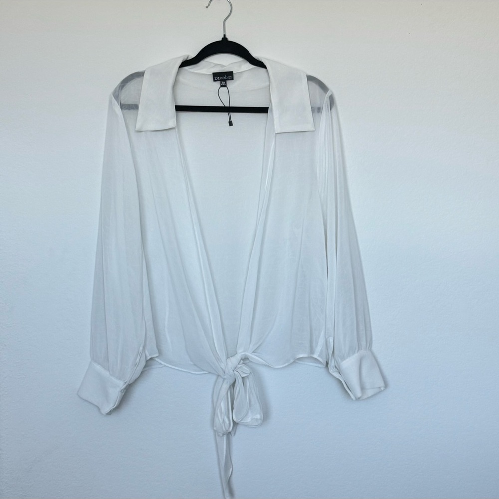 WHITE MESH TIE FRONT LONG SLEEVE SHIRT